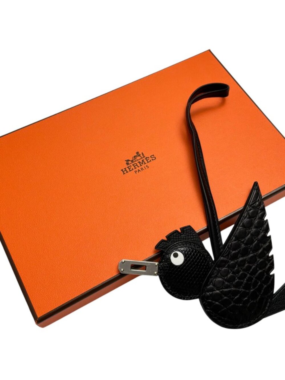 HERMES Birdy Exotic Touch Bag Charm “Noir” Shiny Lizard & Matte Alligator PHW